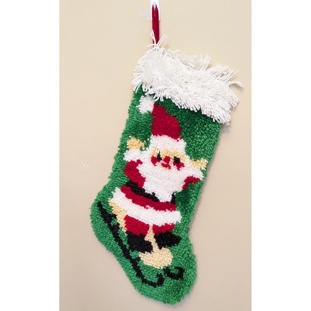 Vtg Latch Hook Yarn Shag Christmas Stocking 22" Handmade Santa Sled Retro